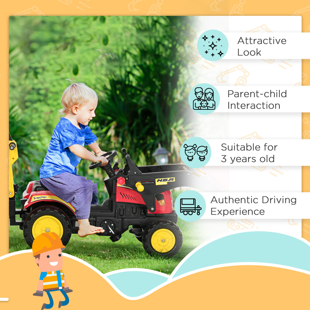 HOMCOM FunZone pedal-powered tractor ride-on car with moving bucket and steering wheel for kids aged 3-6 years.
