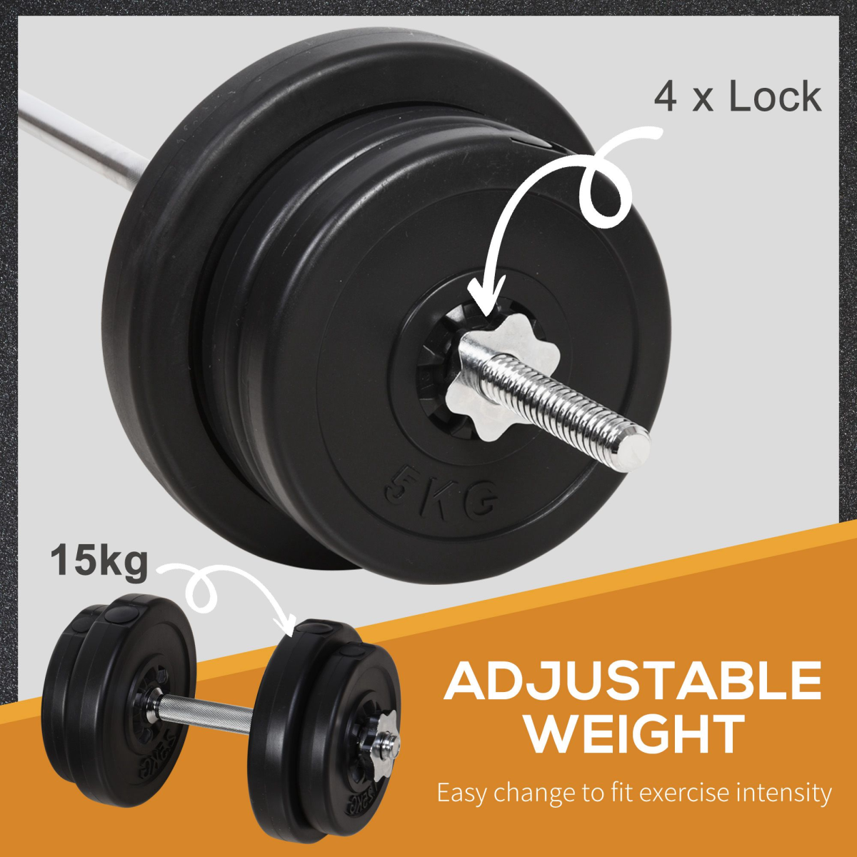 Adjustable 65kg dumbbells and barbell set by HOMCOM for home gym workouts, showcasing weights and equipment layout.