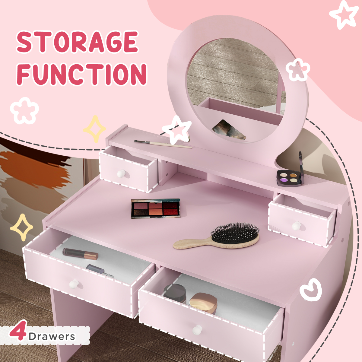 AIYAPLAY pink kids dressing table set with stool, mirror, and drawers, perfect for imaginative play.