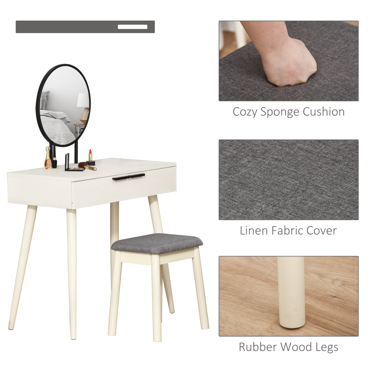 Dressing Table Vanity Set with Round Mirror & Cushioned Stool - White