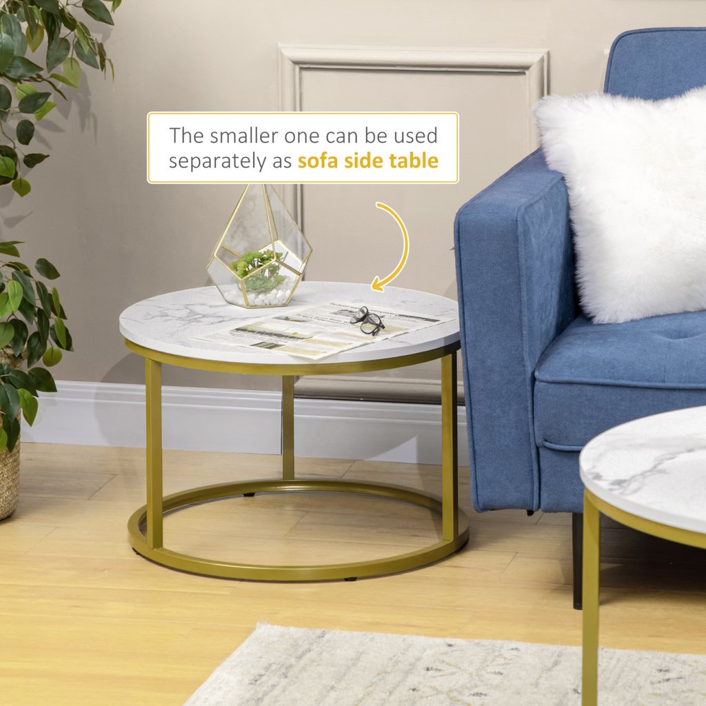 Set of 2 round nesting coffee tables by HOMCOM with metal frame and stylish marble effect tops.