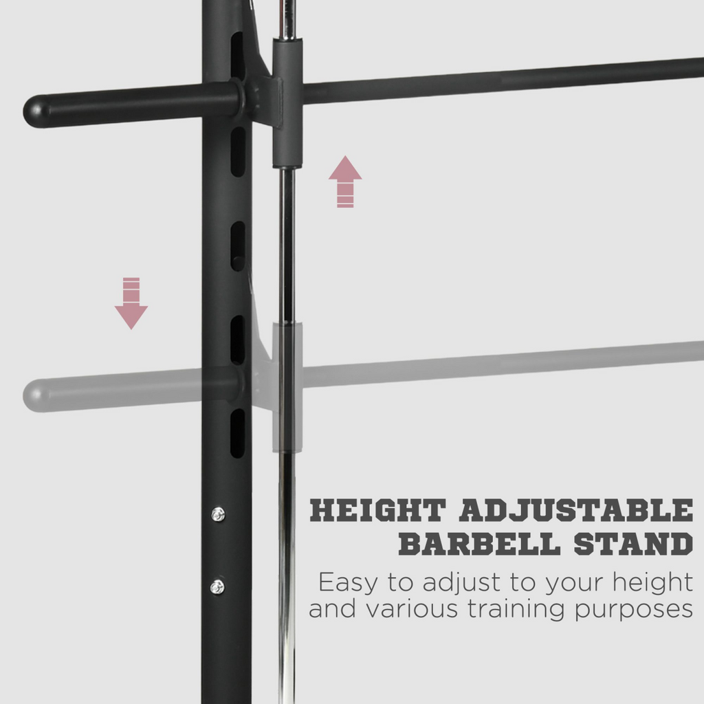 Adjustable squat rack with pull-up bar and barbell bar by HOMCOM, designed for home gym workouts.
