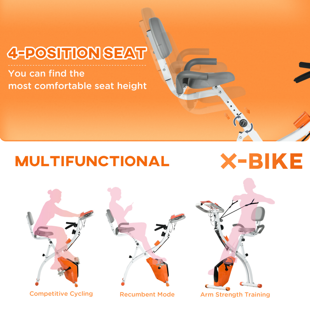 HOMCOM 2-in-1 upright exercise bike in orange with adjustable settings and pulse sensor displayed in a home gym setting.