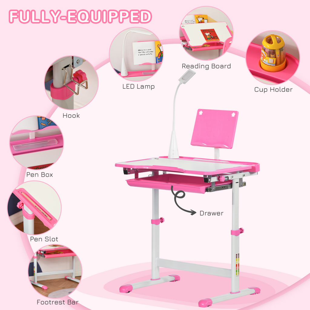 Kids adjustable height study desk and chair set in pink with storage drawer by HOMCOM.