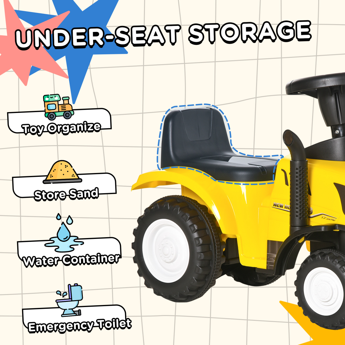 Yellow Ride-On Tractor toddler walker and slider for kids ages 12-36 months by FunZone, showcasing fun design and sturdy build.
