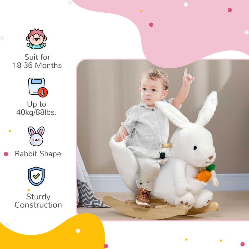 HOMCOM white rabbit-shaped rocking horse for kids with realistic sounds and safety belt, ideal for playtime fun.
