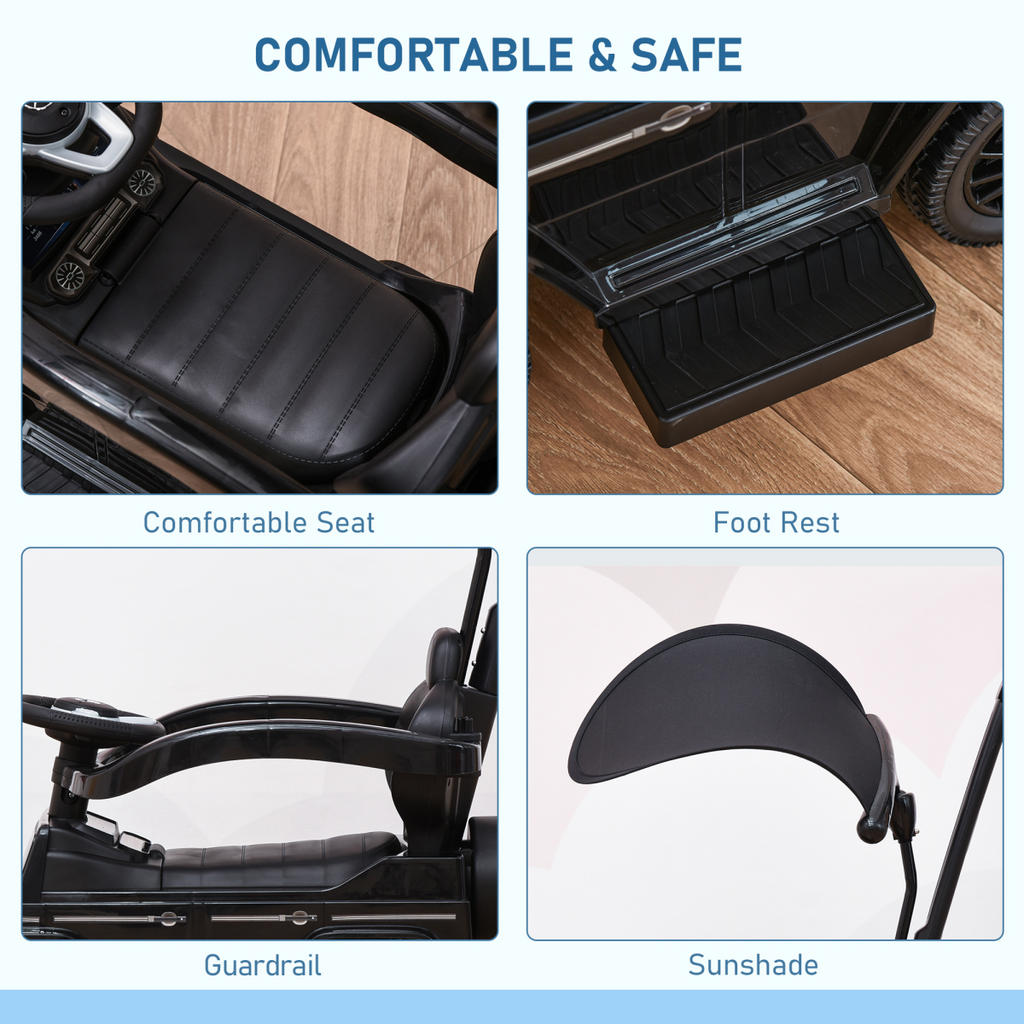 Black Mercedes Benz G350 ride-on push car with sun canopy for kids aged 12-36 months, designed by FunZone.