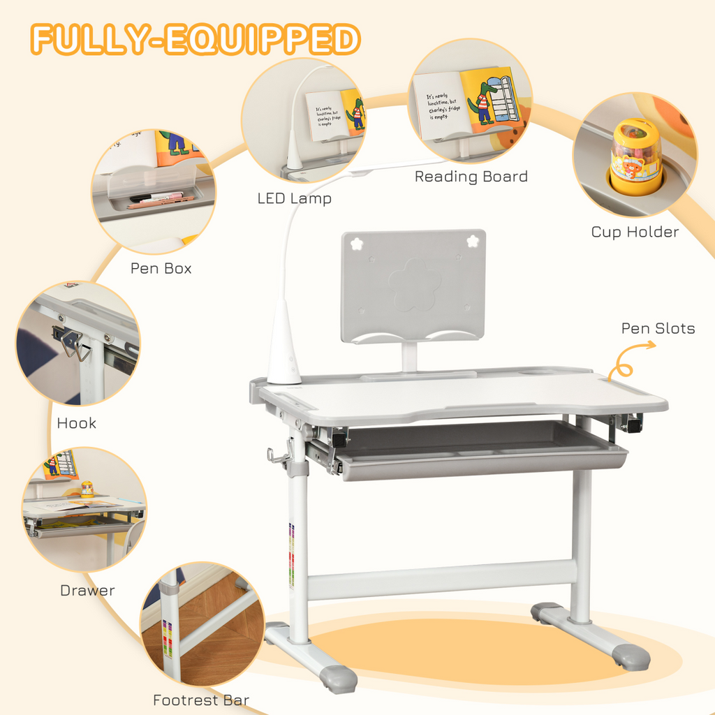 Kids study desk and chair set in grey with adjustable height and USB lamp, by HOMCOM, perfect for a fun study area.