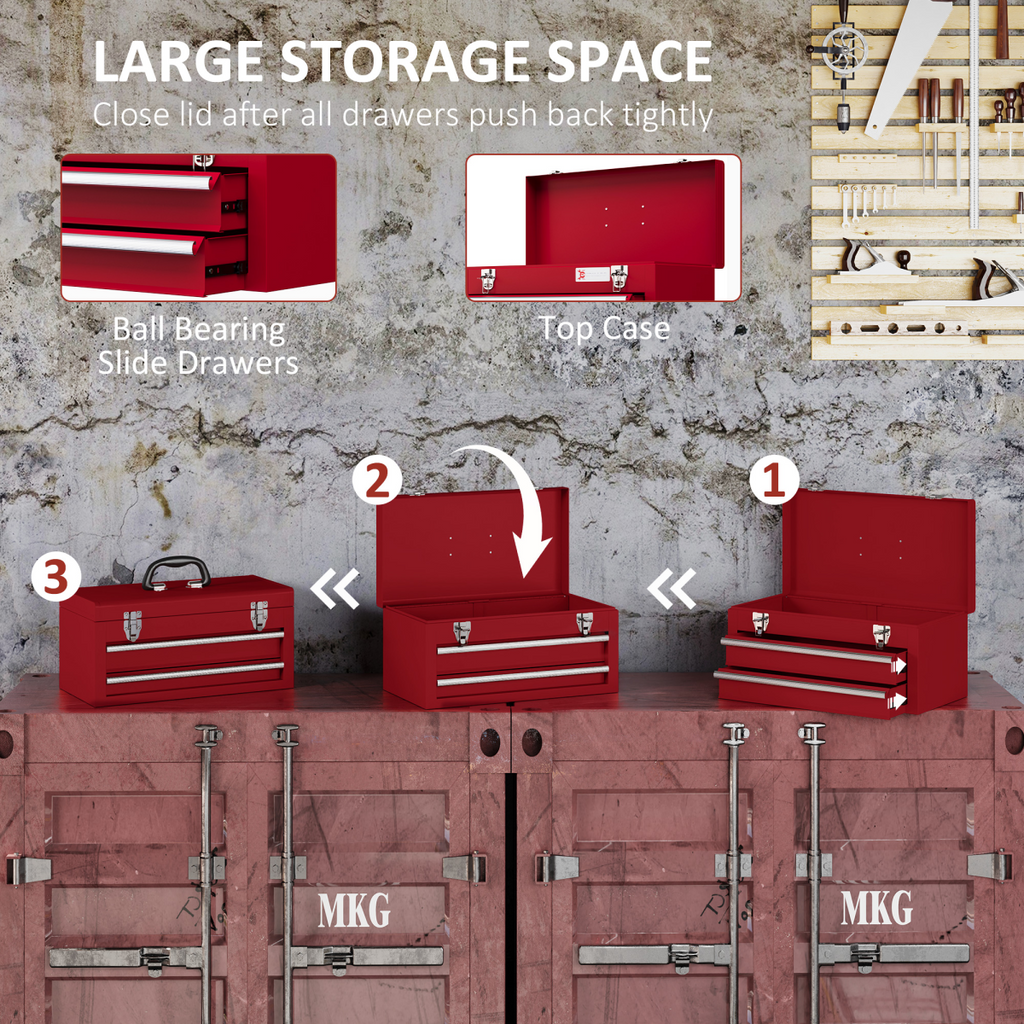 DURHAND red lockable tool chest with two drawers and ball bearing slides, featuring a sturdy metal construction.