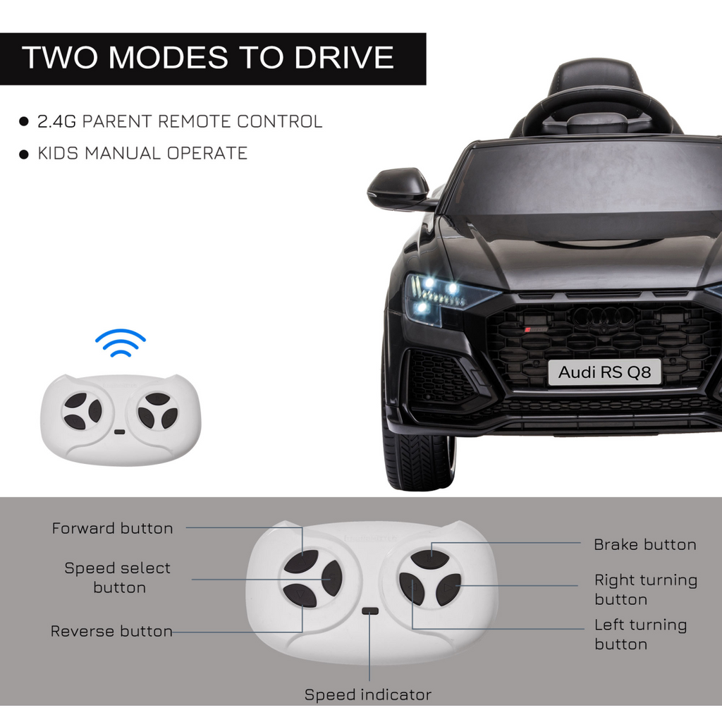 Black Audi RS Q8 kids electric ride-on car toy with remote, USB, MP3, and Bluetooth features from FunZone.