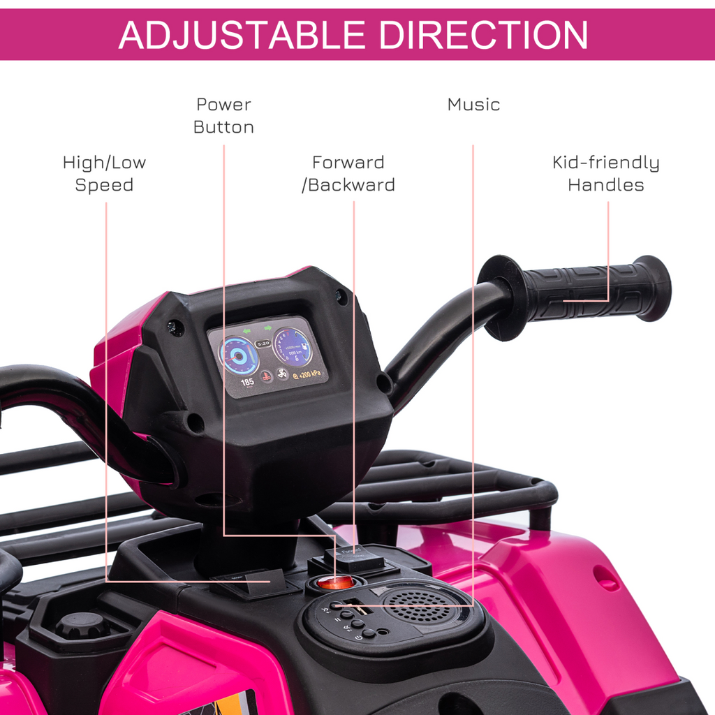 Pink 12V electric quad bike for kids, featuring LED headlights and music, designed for ages 3-5 by HOMCOM.
