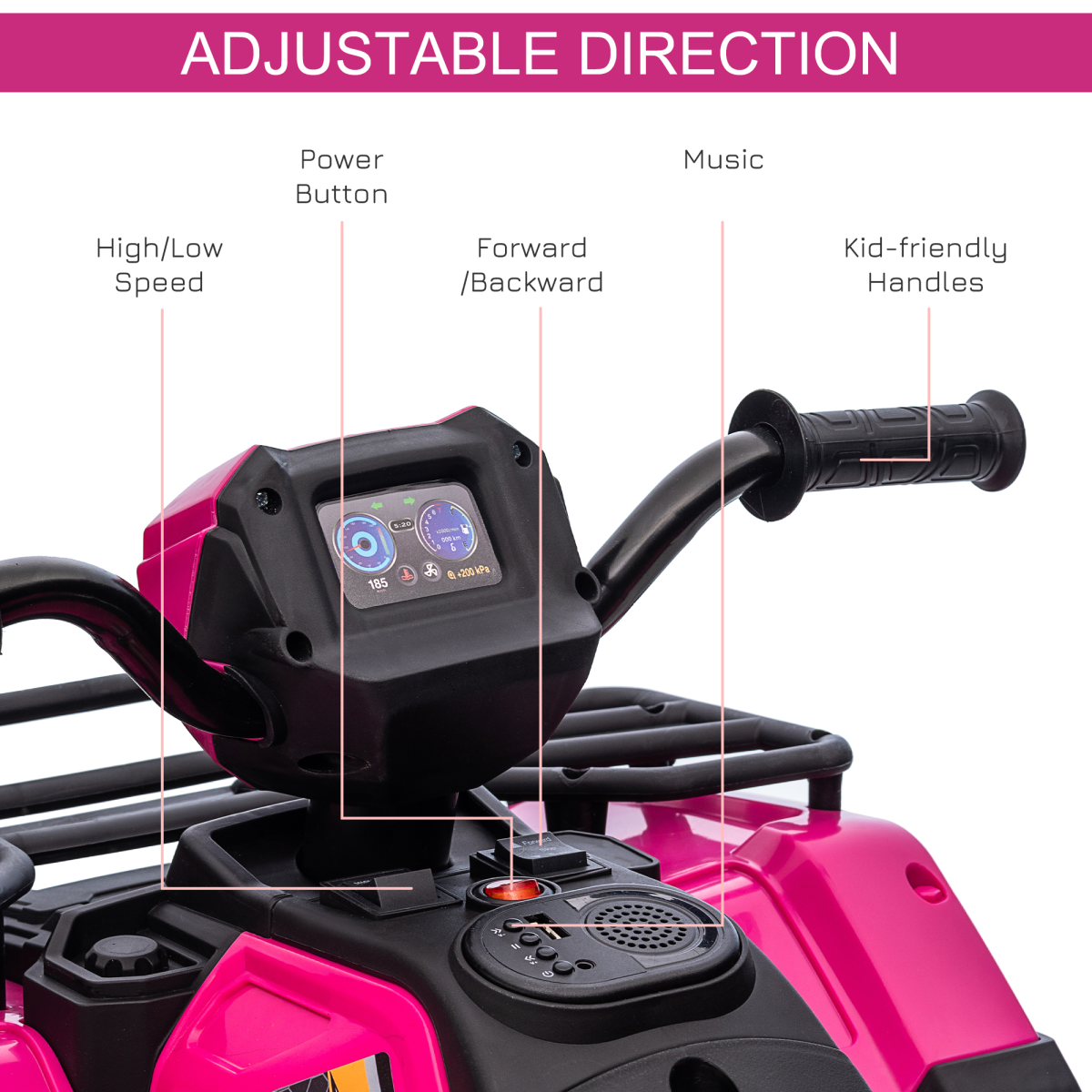 Pink 12V electric quad bike for kids, featuring LED headlights and music, designed for ages 3-5 by HOMCOM.