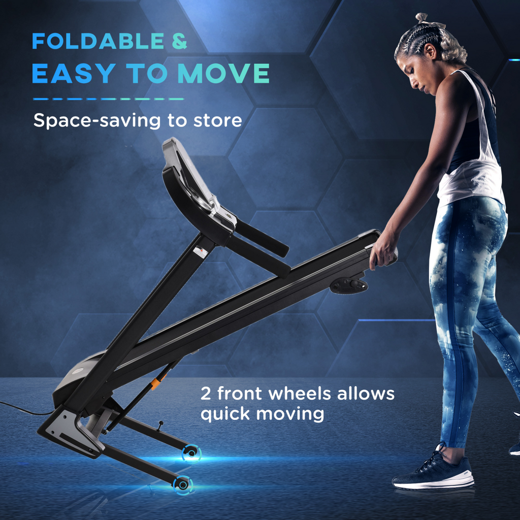 Folding electric treadmill by ActiveGear with incline, LED display, and a running speed of 12km/h.