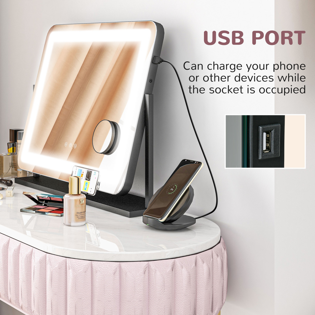 Dimmable Lighted Makeup Mirror with Magnifier & USB Port - 360° Rotation