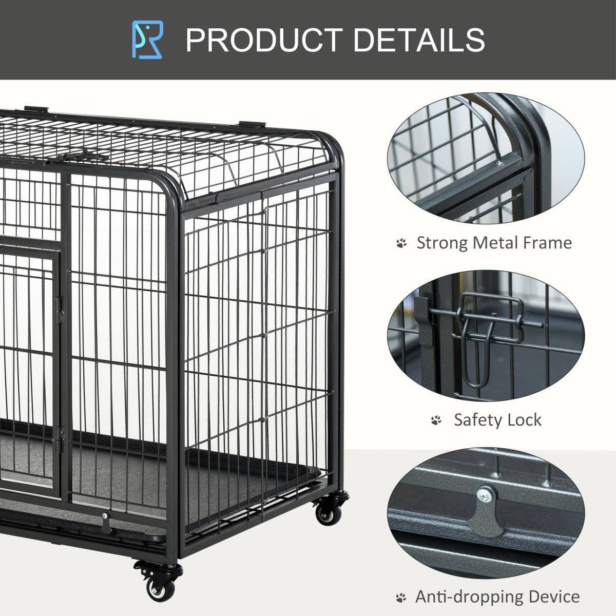 78x109cm Metal Dog Cage Kennel w/ Locking Door & Wheels Large Pets Pawhut