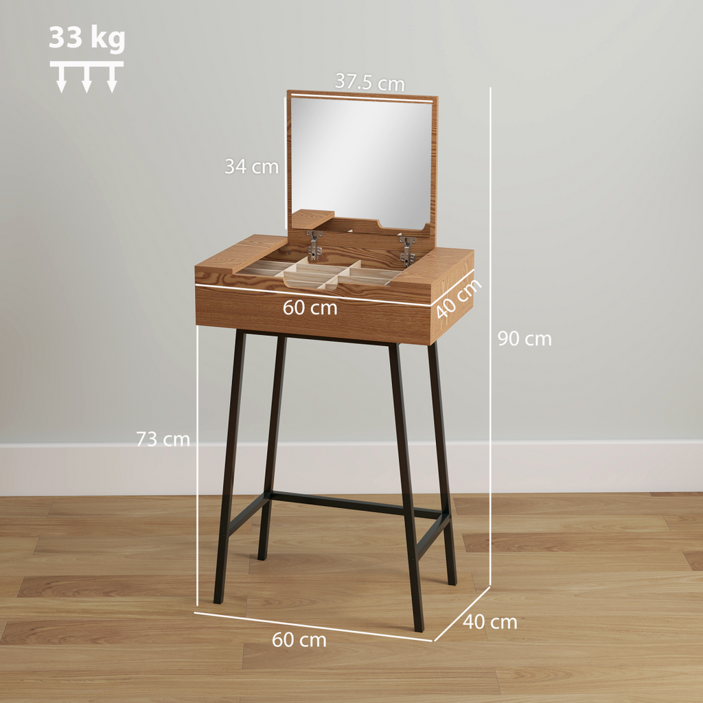 Industrial Vanity Desk with Mirror & Steel Legs - Natural Wood Effect