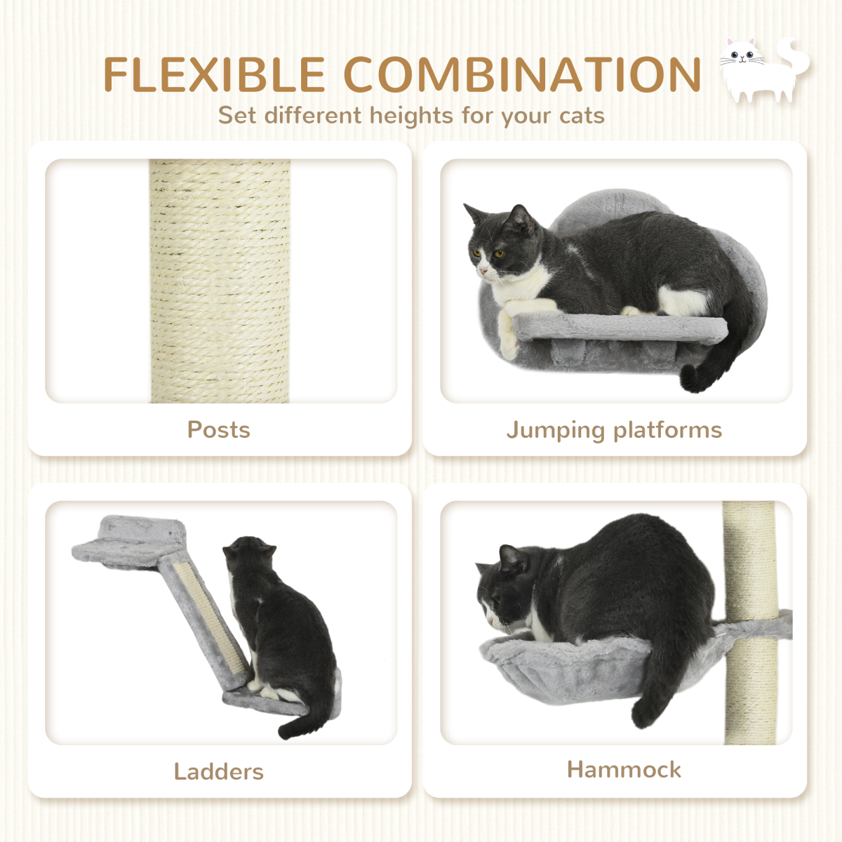 PawHut Cat Wall Furniture with Hammock Platforms Ladder Scratching Post - Grey