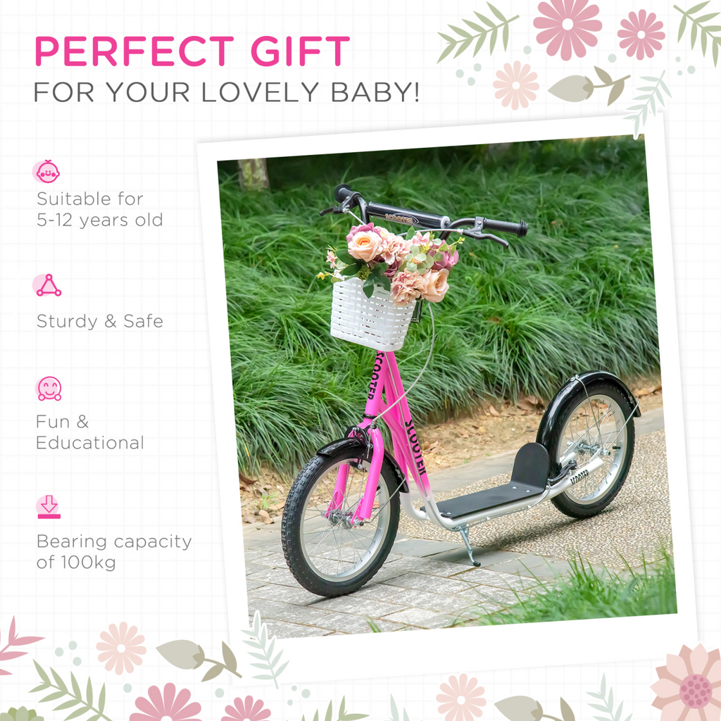 Kids Kick Scooter with basket and cup holder, featuring dual brakes, adjustable height for ages 5-12, by FunZone.