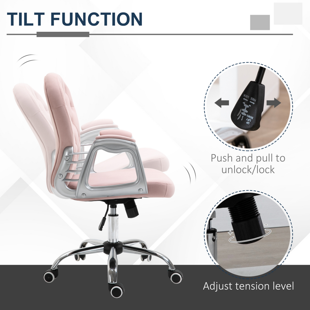Luxury pink velour office chair with diamond tufting, padded seat, and 360° swivel for ergonomic comfort.