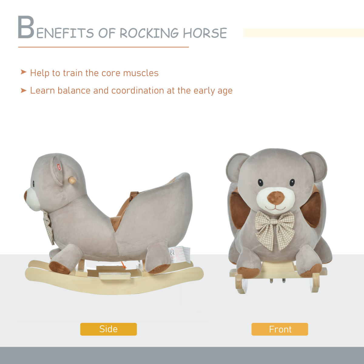 Kids rocking bear plush ride-on toy with sound button and seat belt for ages 18-36 months. Soft and cuddly design.