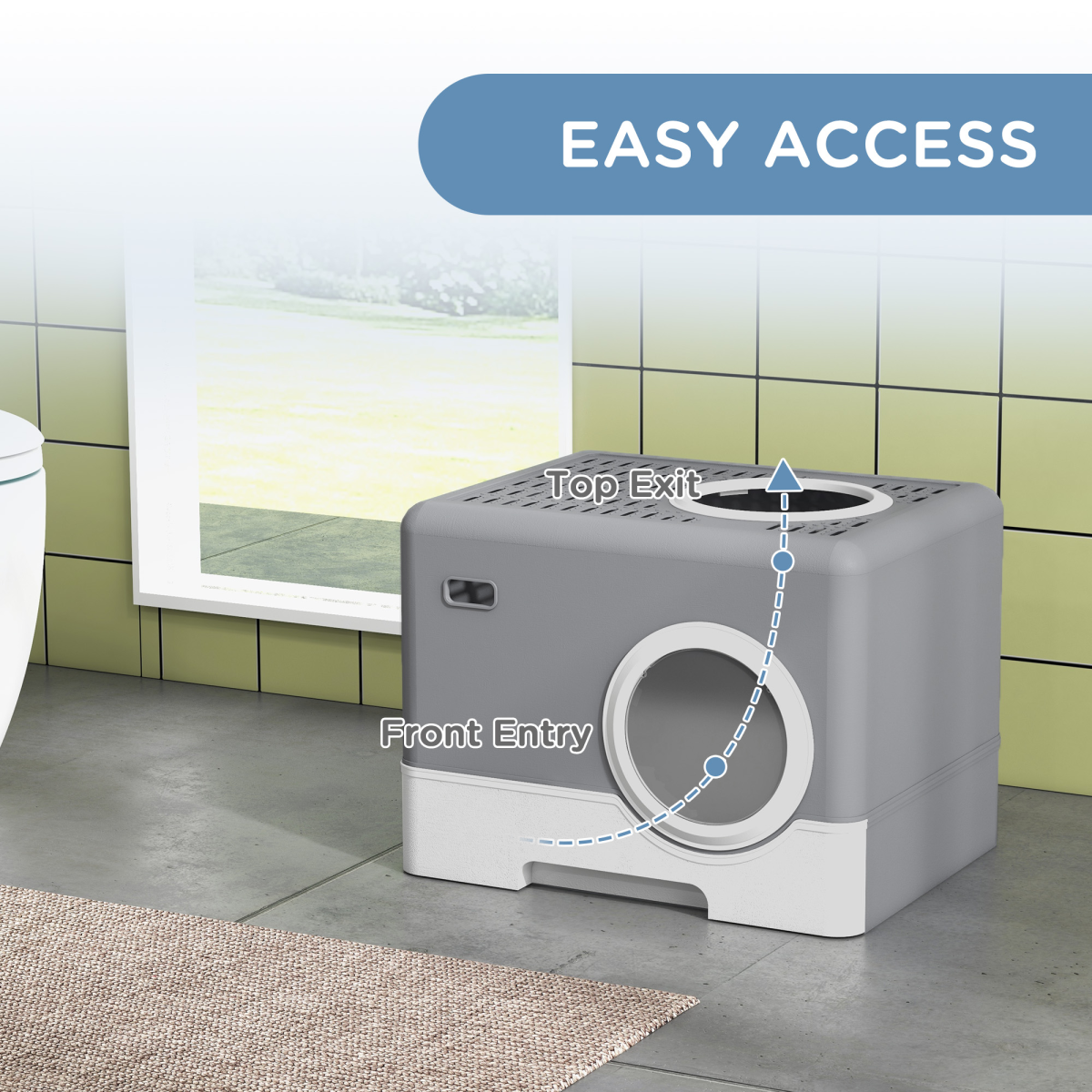 PawHut Enclosed Cat Litter Tray with Lid, Front Entry, Top Exit, Scoop - Grey