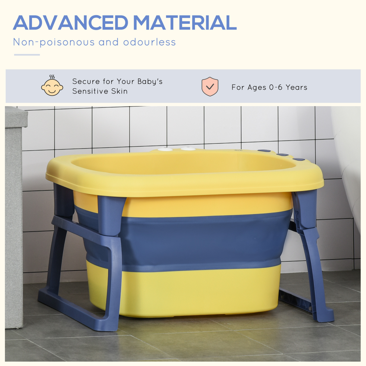 Yellow foldable baby bathtub for newborns and toddlers with stool, designed by HOMCOM for easy storage and use.