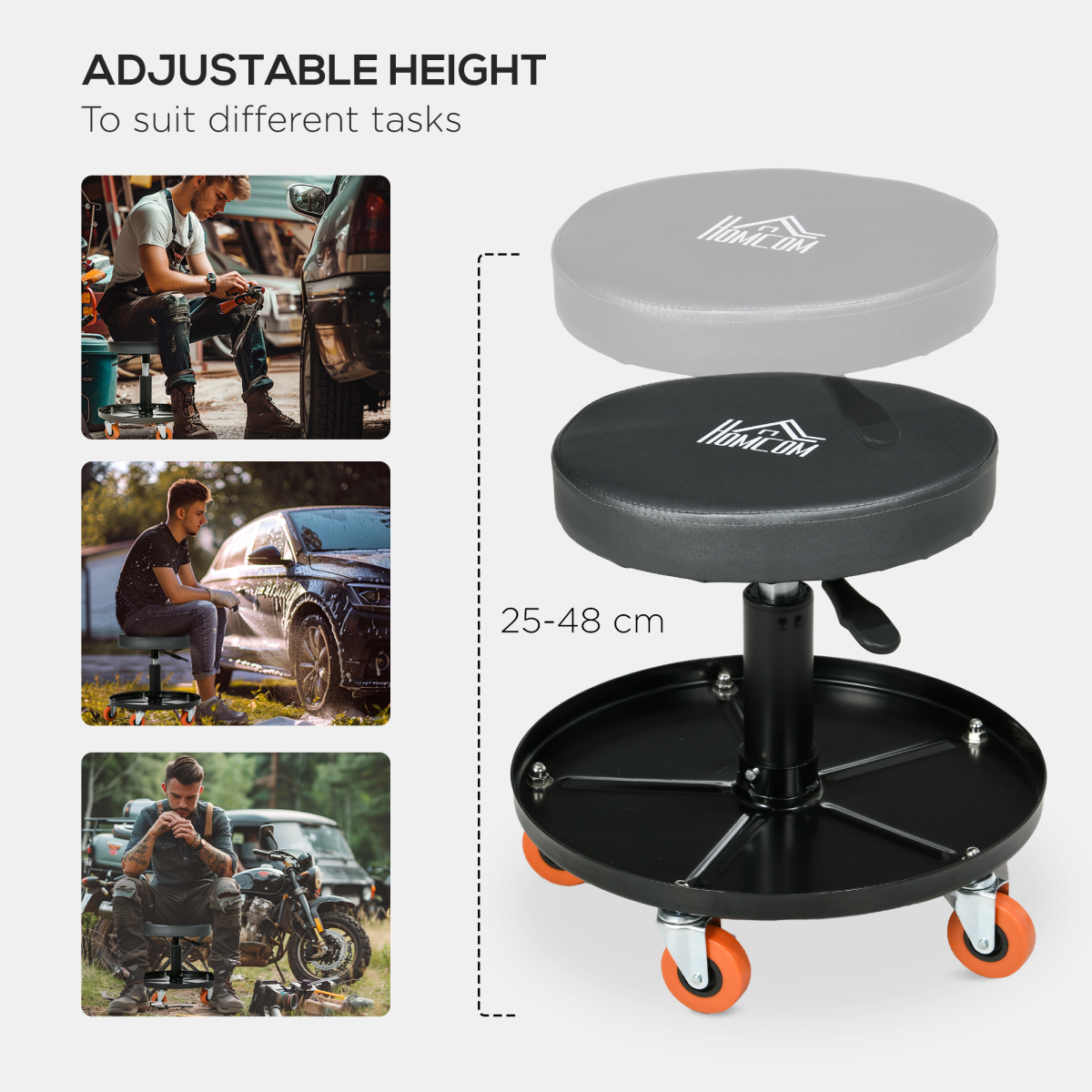 Pneumatic Adjustable Mechanic Stool with Tool Tray & Wheels - Height Adjustable
