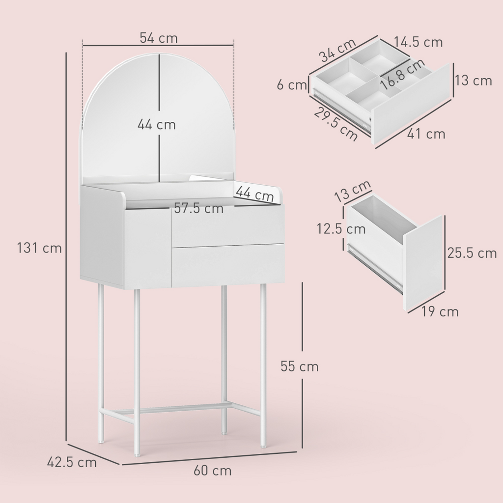 White Makeup Vanity Table with Mirror & Drawers - Modern Dressing Table