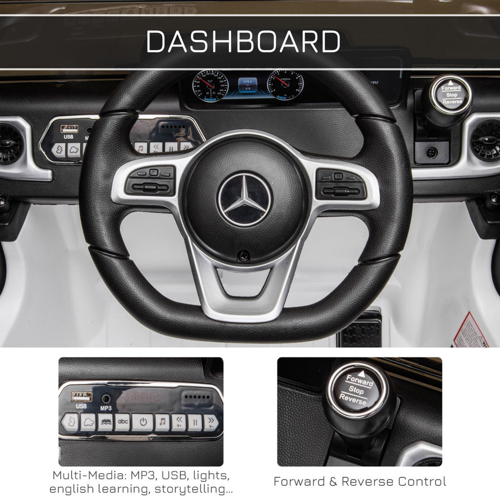 White Mercedes Benz G500 12V electric ride-on car for kids ages 3-8 with remote control, showcasing realistic design details.