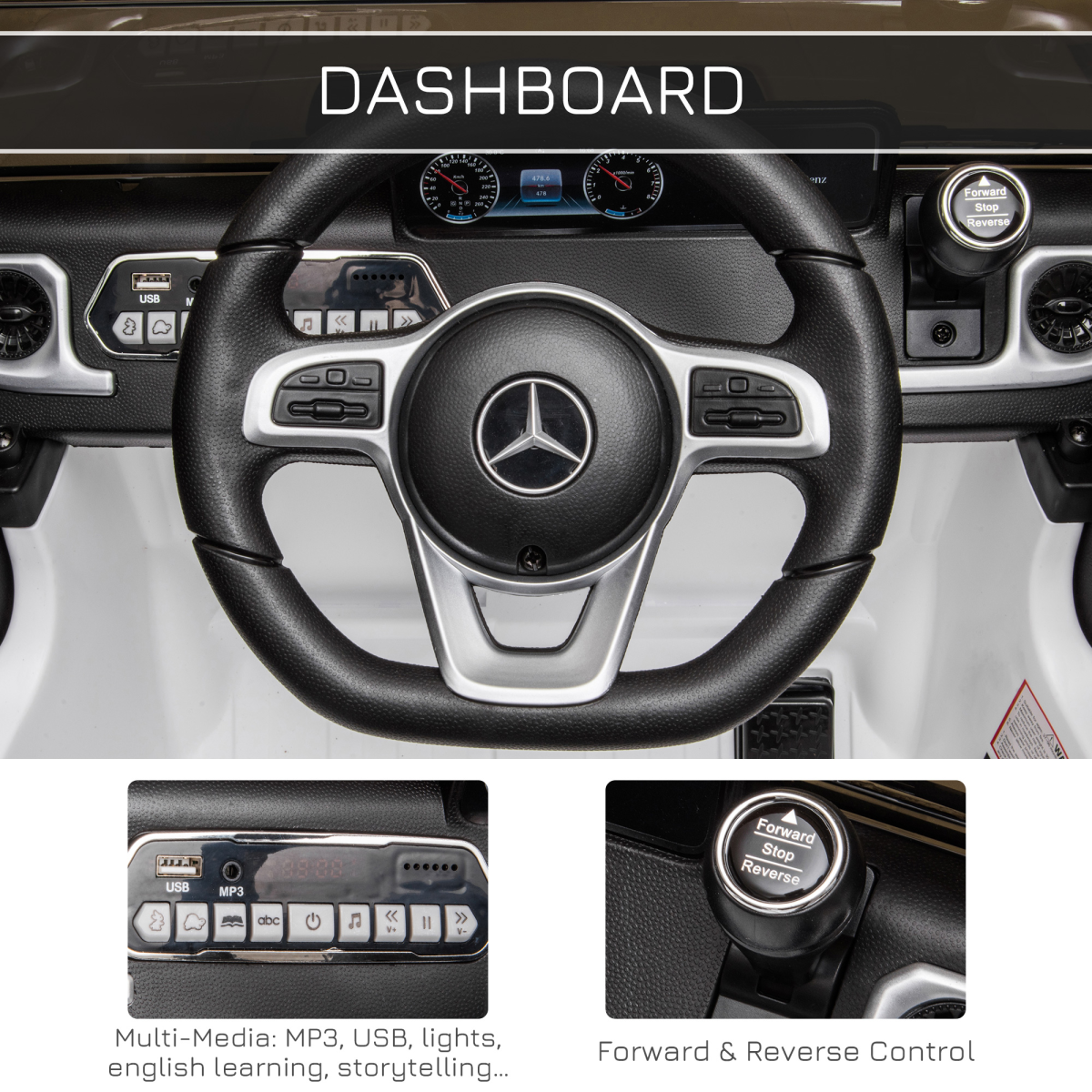 White Mercedes Benz G500 12V electric ride-on car for kids ages 3-8 with remote control, showcasing realistic design details.