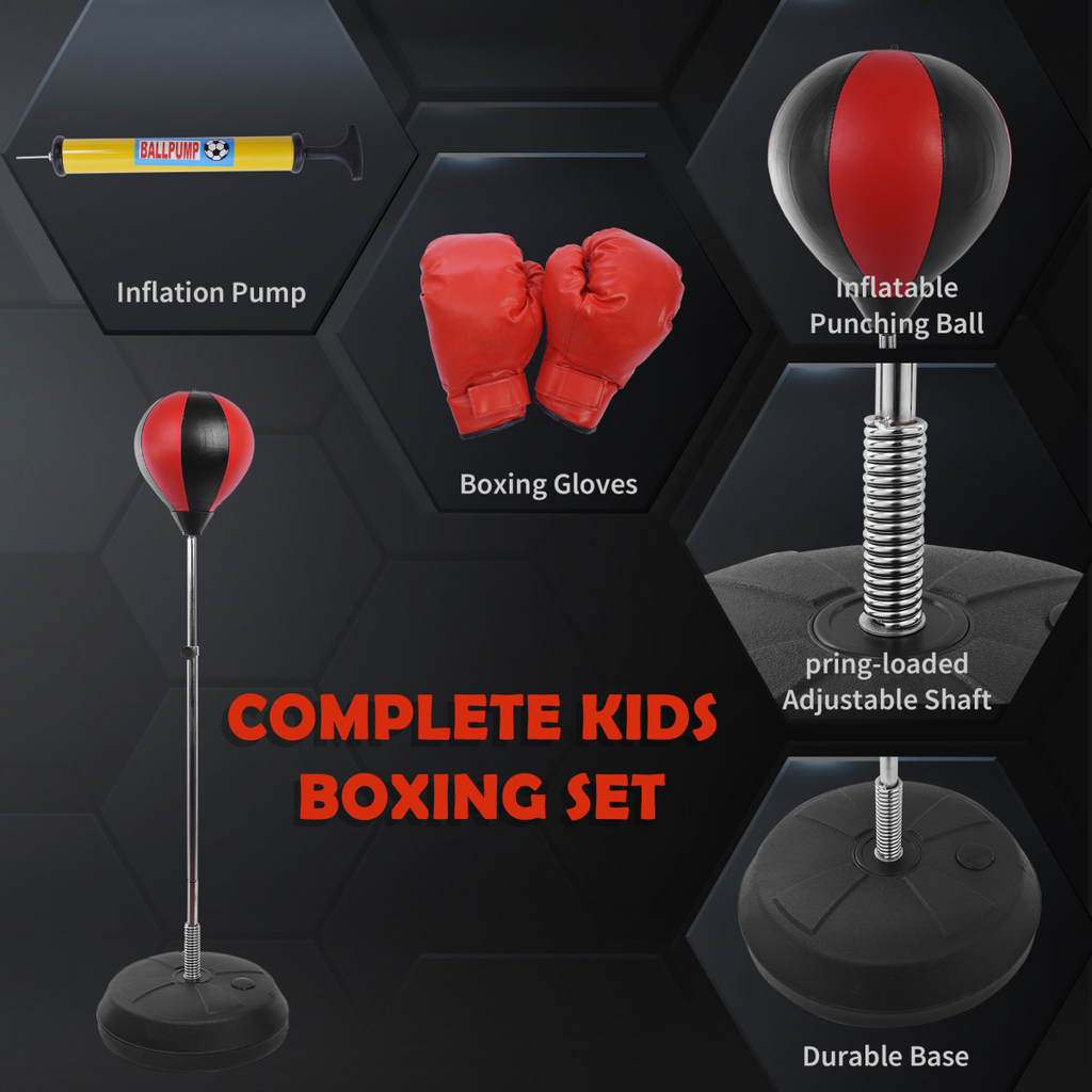 Kids boxing punching ball set with adjustable height and gloves for training, featuring a vibrant design and sturdy base.