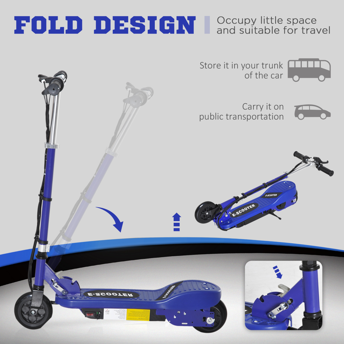 Folding electric scooter for kids, FunZone brand, showcasing 12V battery and max speed of 12km/h for ages 7-14.