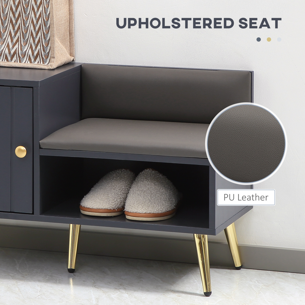 Grey Shoe Bench with Storage Cabinet and Seating Cushion for Entryway by HomeCraft, showcasing stylish design and functionality.
