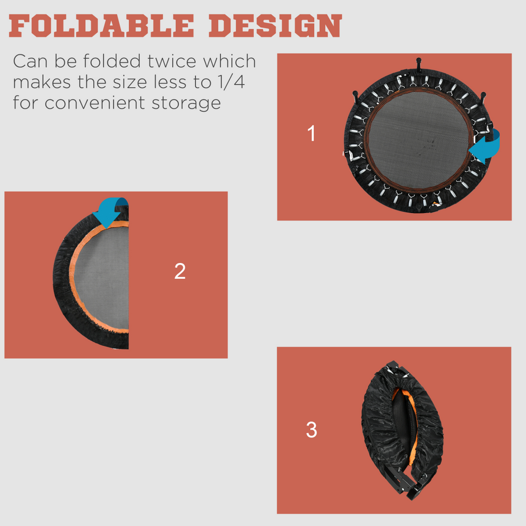 40" foldable mini fitness trampoline with adjustable foam handle, ideal for home workouts and enhancing cardio fitness.