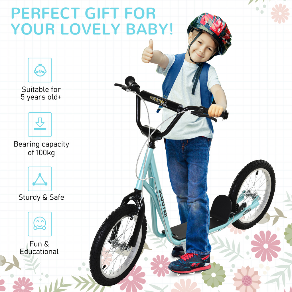 HOMCOM Kids Kick Scooter in blue with adjustable handlebar and inflatable wheels for ages 5 and up.