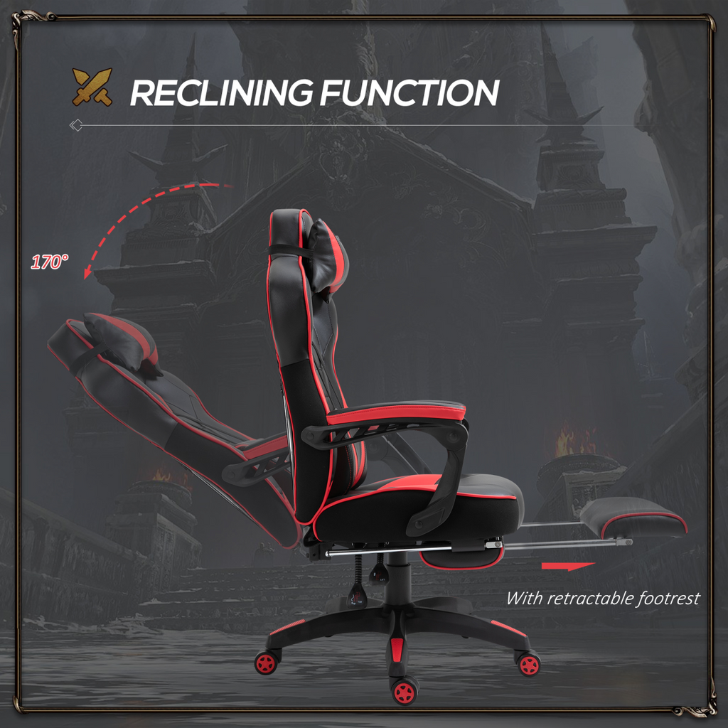 Red ergonomic gaming chair with a reclining back and manual footrest, designed for comfort in office or gaming settings.