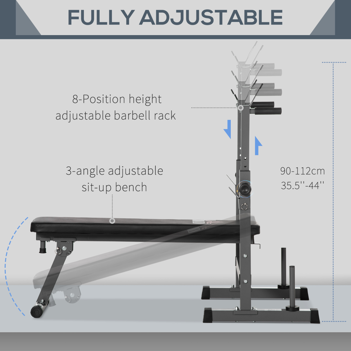 Adjustable foldable weight bench with barbell rack and dip station by ActiveGear, showcasing sturdy construction and versatility.