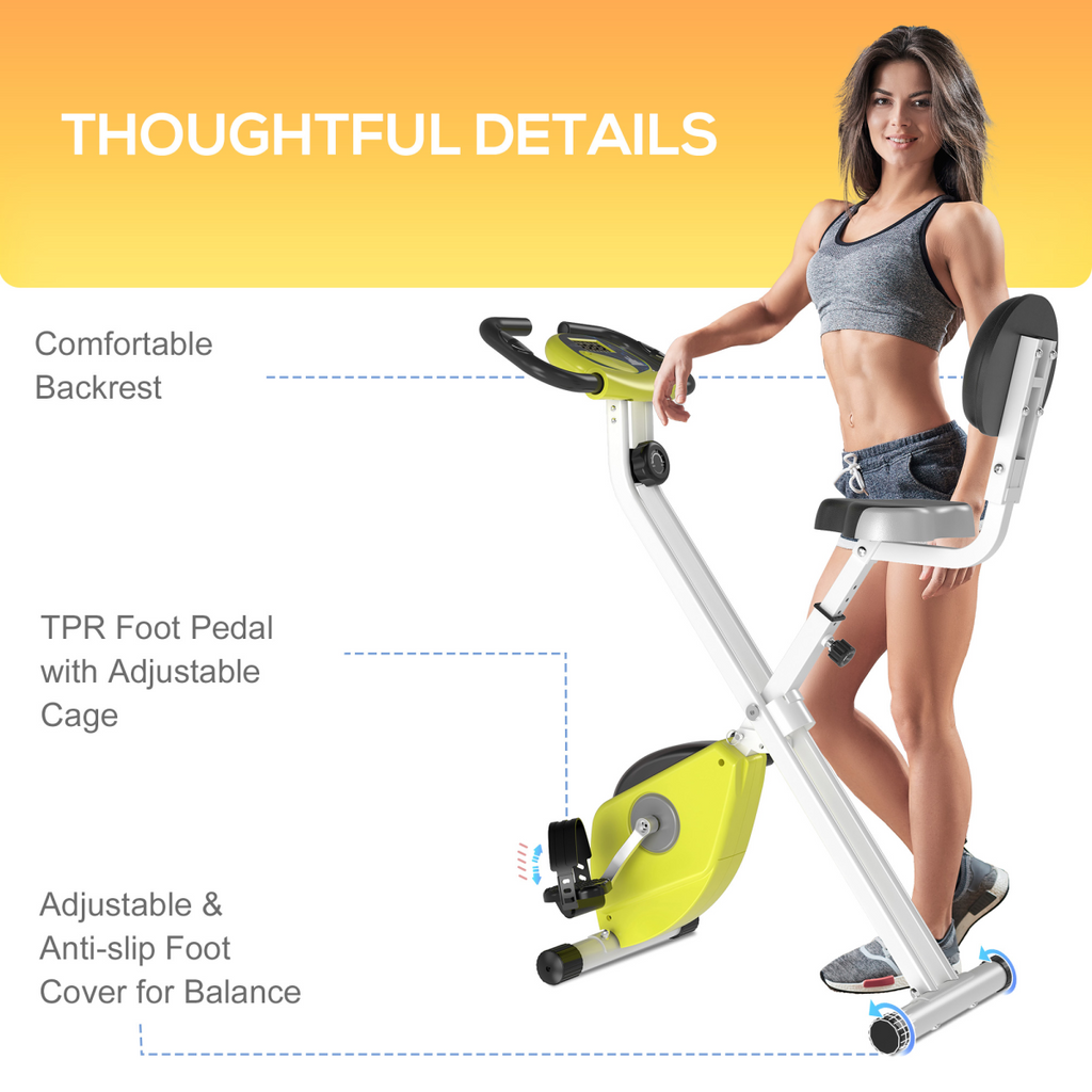 Foldable HOMCOM exercise bike with magnetic resistance, LCD display, and adjustable seat in vibrant yellow color.