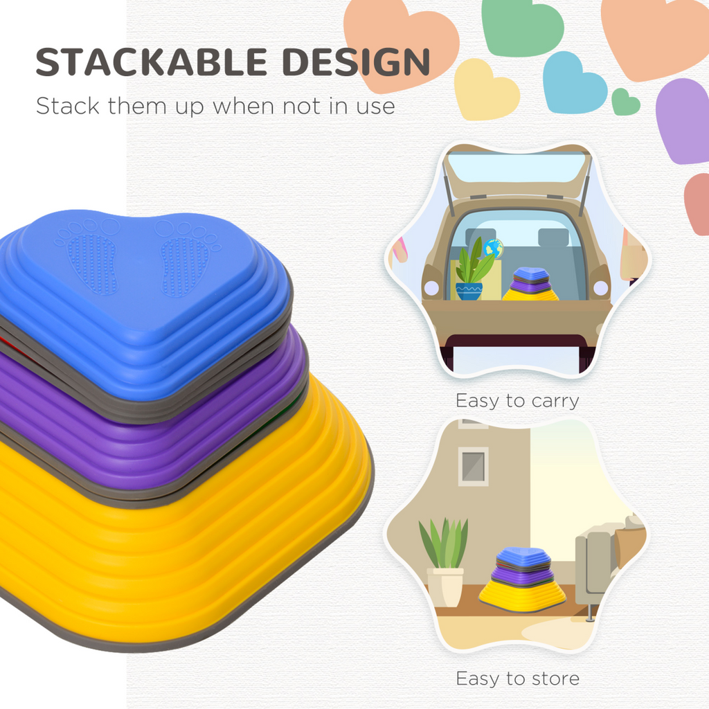 Colorful AIYAPLAY 6PC kids stepping stones, non-slip, stackable river stones arranged on grass for outdoor play.