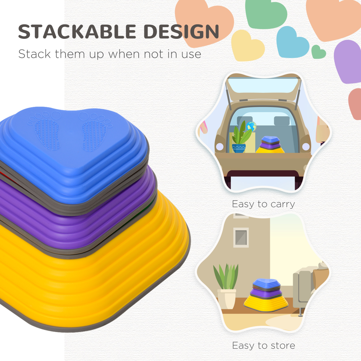 Colorful AIYAPLAY 6PC kids stepping stones, non-slip, stackable river stones arranged on grass for outdoor play.
