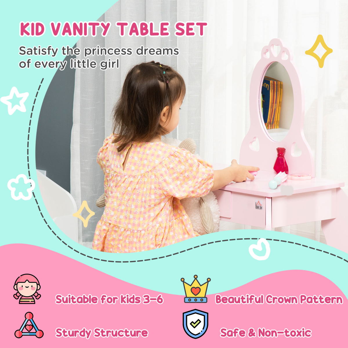 Kids Vanity Table & Stool Girls Dressing Set Make Up Desk with Mirror HOMCOM