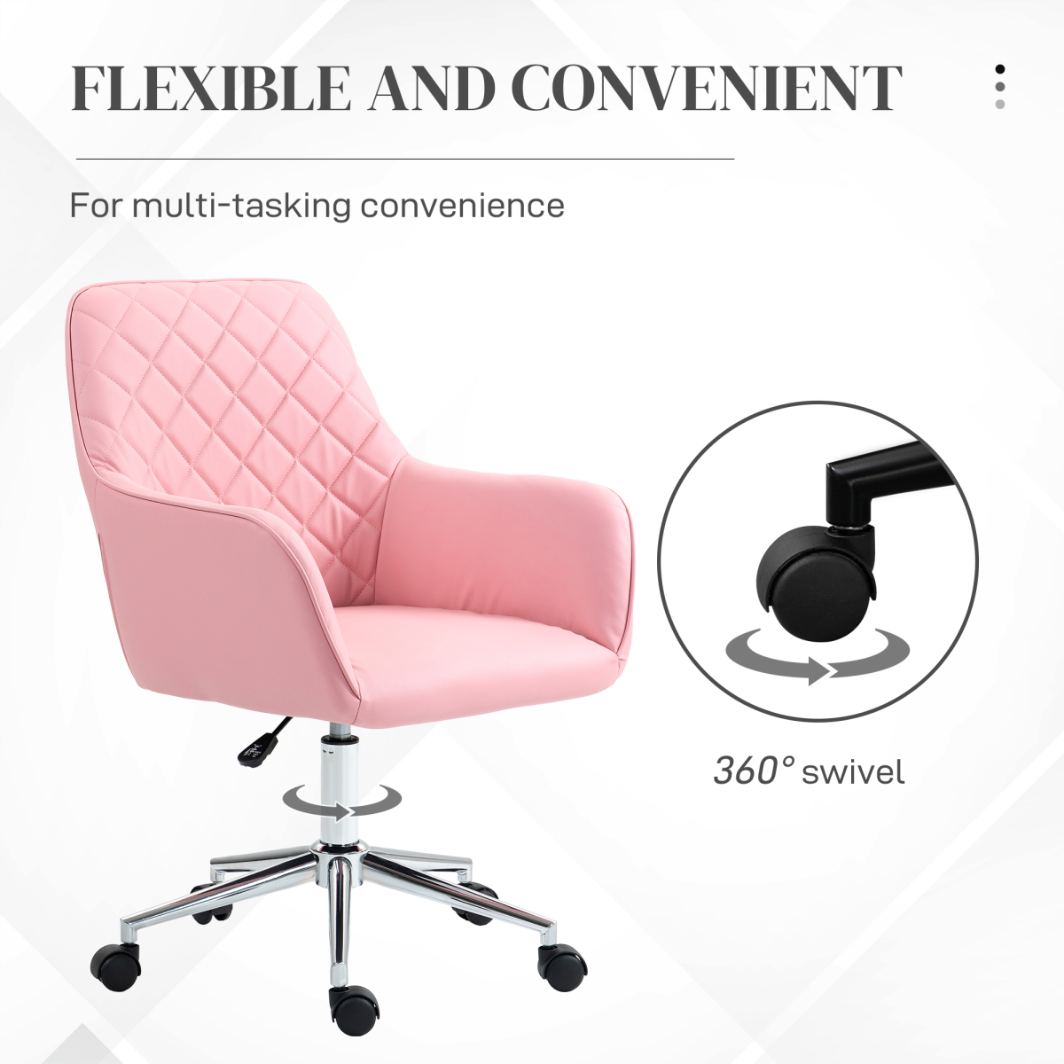 Vinsetto pink leather-feel swivel chair with armrests, designed for home office comfort and style.