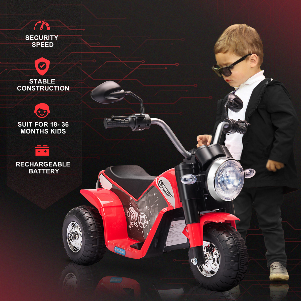 Red 6V Electric Motorcycle Ride-On Toy for toddlers, designed for ages 18-36 months, featuring a sleek design and sturdy wheels.