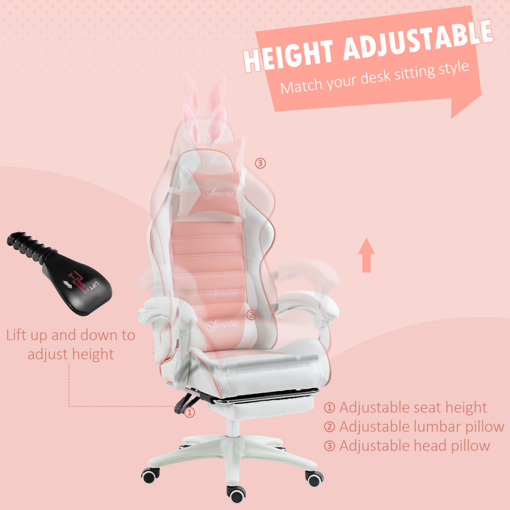 Vinsetto pink racing style gaming chair with removable rabbit ears and footrest, featuring ergonomic design and sleek look.