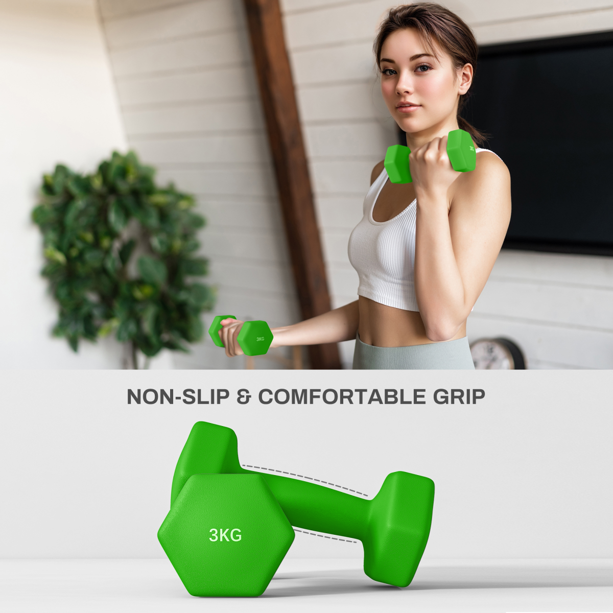 Hex dumbbells set in pink, purple, and green with dumbbell rack, featuring 1kg, 2kg, and 3kg weights by SPORTNOW.