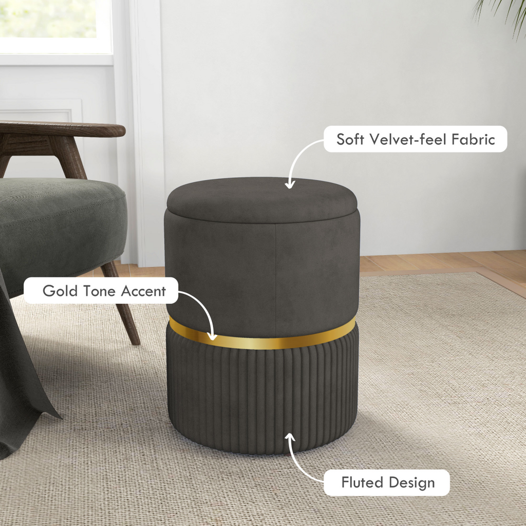 Grey velvet round storage pouffe with cushioned top and hidden space, by HOMCOM, perfect for home decor and organization.