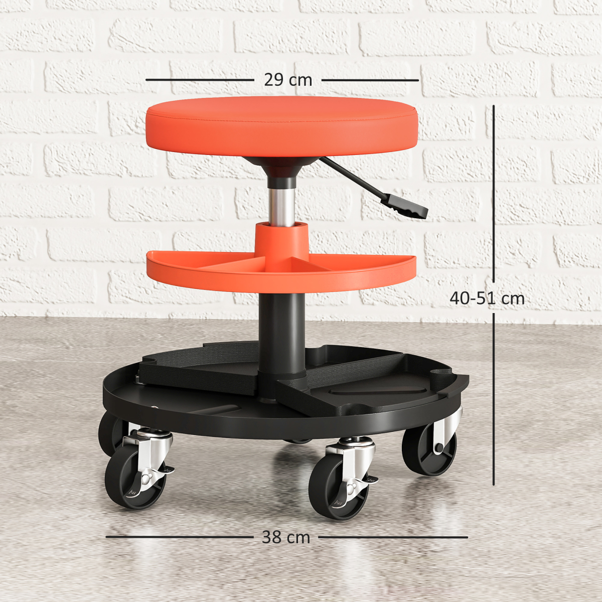 Pneumatic Height-Adjustable Mechanic Stool with Dual-Tier Trays - 135kg - Yellow