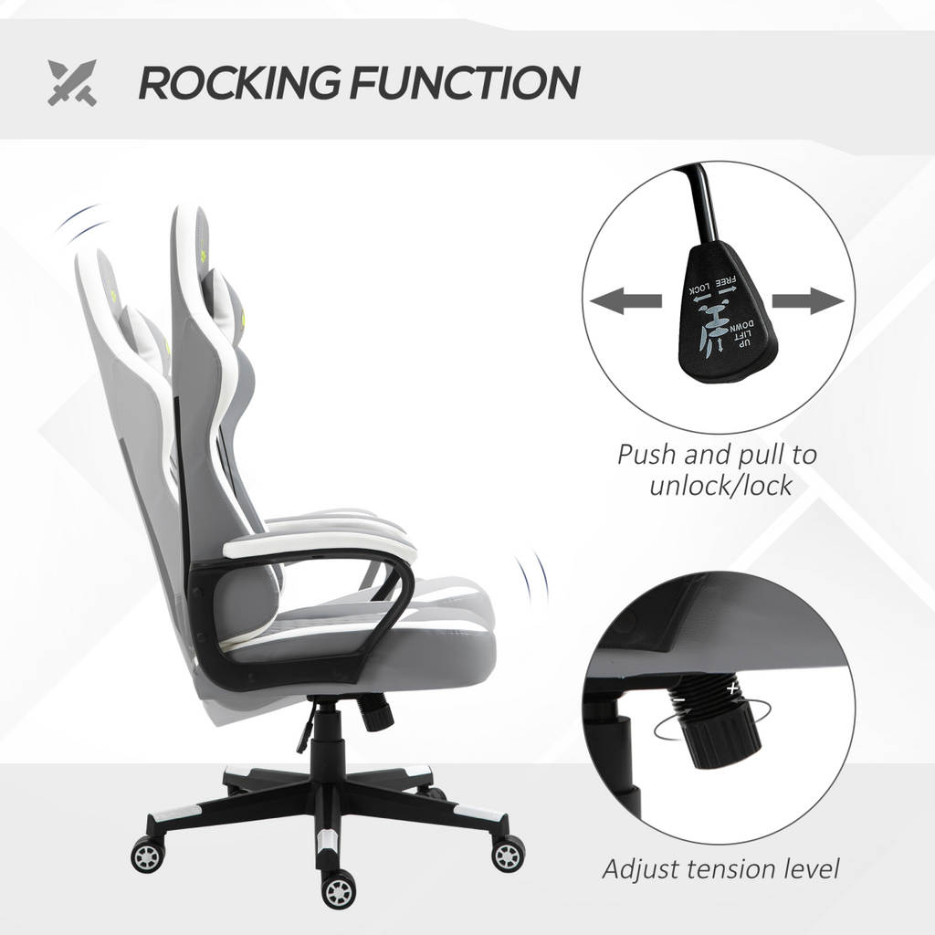 Grey and white Racing Gaming Chair with lumbar support and headrest, designed for comfort in gaming and office use.