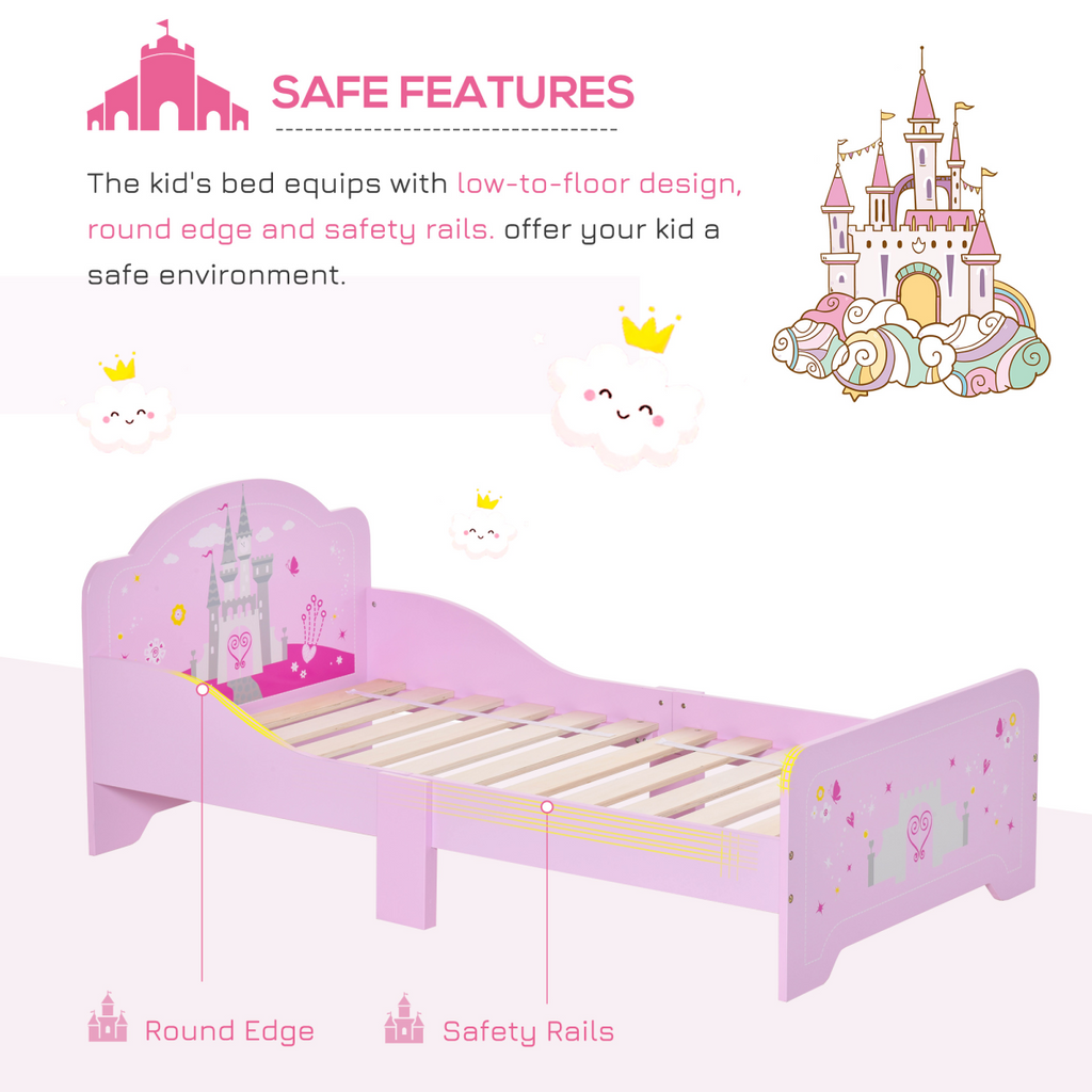 Kids pink princess castle bed with side rails and slats, designed for ages 3-6 by HOMCOM.