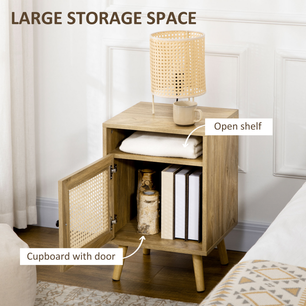 Natural wood HOMCOM rattan nightstand featuring a cabinet and shelf, ideal for bedside storage and decor.